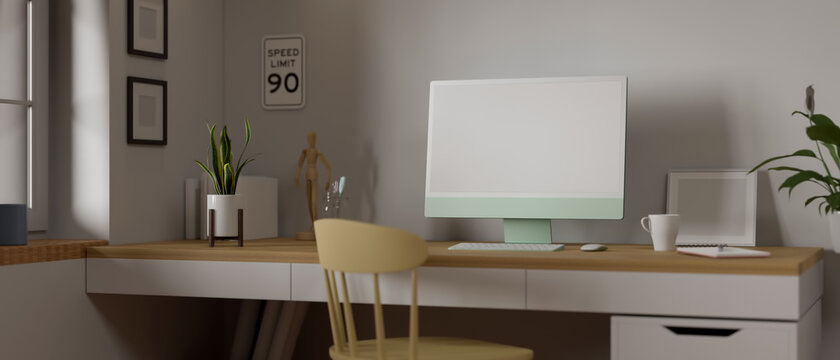 Home office interior design with computer, supplies and decorations on the desk beside the window, 3D render