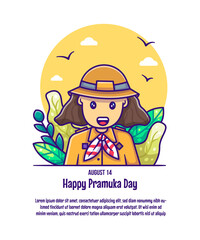 Cute Girl wearing Pramuka Costume Cartoon Vector Illustrations. Pramuka Day Icon Concept Isolated Premium Vector