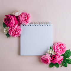 Pink and white roses on beige background. Top view. Flat lay. Empty notebook for Your text