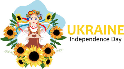 Ukrainian woman in the traditional clothes with sunflowers. Vector illustration