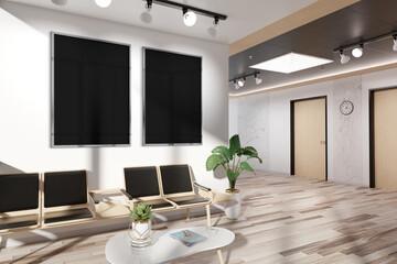 Two vertical frames Mockup hanging in office waiting room. Mock up of billboards in modern concrete interior 3D rendering