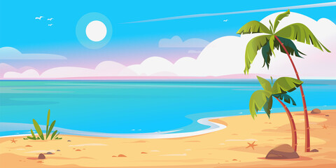 Fototapeta na wymiar Deserted shore beach and palms banner. Beautiful vector illustration. Blue sky with sun and sandy shore with trees. Summer vacation by the sea. Rest in Thailand, Hawaii. Template for cartoon text