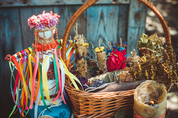Magic of candles, magical attributes, herbs and flowers, Slavic/ Wicca rituals and esoteric concept