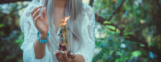 Magic of candles, magical attributes, herbs and flowers, Slavic/ Wicca rituals and esoteric concept - obrazy, fototapety, plakaty