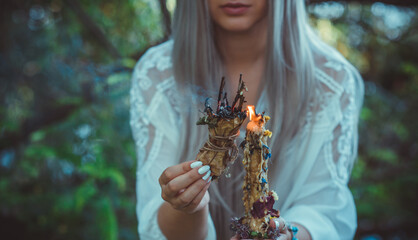 Magic of candles, magical attributes, herbs and flowers, Slavic/ Wicca rituals and esoteric concept