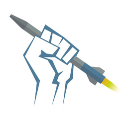 The hand is holding a rocket. Vector illustration in a flat style. Isolated logo clipart on a white background. Military weapon