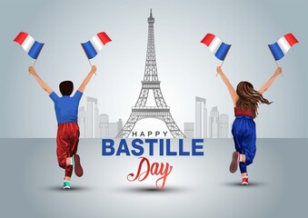 happy bastille day 14th July. a boy and girl running with France flag. vector illustration design.