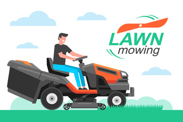 Man driving a tractor lawn mower in garden. mowing lawn. flat style - obrazy, fototapety, plakaty
