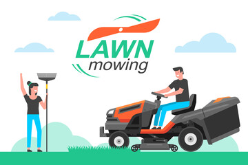 Man driving a tractor lawn mower in garden. mowing lawn. flat style - obrazy, fototapety, plakaty