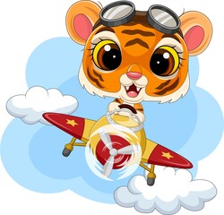 Cartoon baby tiger operating a plane
