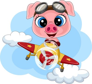 Cartoon baby pig operating a plane