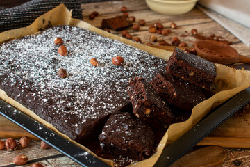 Hazelnut brownies on a baking sheet