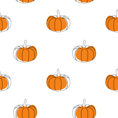 Seamless pattern with pumpkin on white background. Continuous one line drawing pumpkin. Black line art on white background with colorful spots. Vegan concept