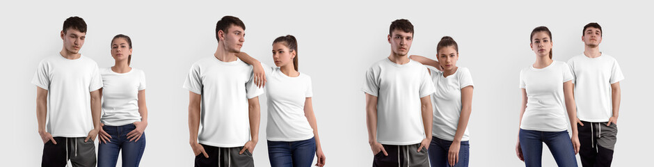 Mockup of fashionable womens, mens t-shirt on guy, girl posing, isolated on background,front view.