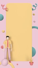 Man and blank surface area banner, trendy 3d illustration, 3d render.
