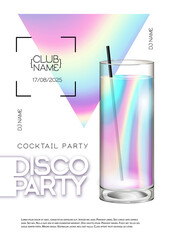 Modern disco cocktail party poster with holographic fluid background. Vector illustration