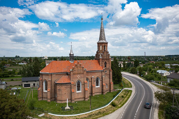 Neo-Gothic Catholic Church of the Sacred Heart of Jesus in Stoyaniv, Ukraine. Aerial view from drone