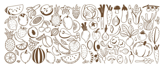 Collection of fresh fruits and vegetables. Healthy and beneficial product. Organic food. Gardening or farming concept. Design for print, label or stickers. Flat vector illustration. Sketch design.