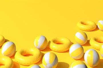 Top view of summer beach concept. Summer accessories, inflatable ring and ball on yellow background. 3D rendering.