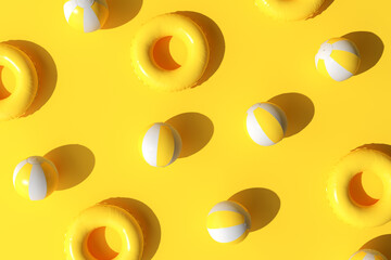 Top view of summer beach concept. Summer accessories, inflatable ring and ball on yellow background. 3D rendering.