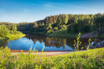 Moscow. June 19, 2021. Beautiful summer landscape in Meshchersky park. Nice view of the pond