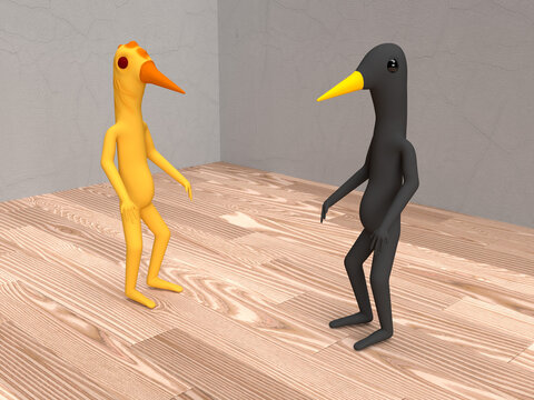 Two birds characters in a room. 3d illustration