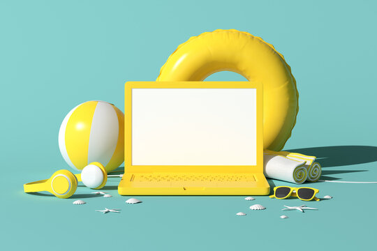 Summer concept. Blank screen laptop with accessories, headphone, sunglasses, starfish, shell, inflatable ring on green background. 3D rendering.