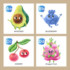 Watercolor English alphabet made of cute fruits and vegetables. Watercolor illustration of food. Vegetarian alphabet. Back to school. 