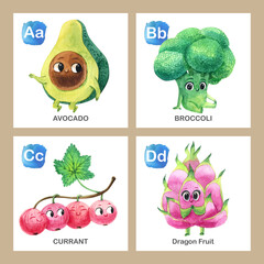 Watercolor English alphabet made of cute fruits and vegetables. Watercolor illustration of food. Vegetarian alphabet. Back to school. 