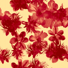 Scarlet Watercolor Plant. Pink Flower Print. Red Seamless Textile. Rusty Hibiscus Wallpaper. Pattern Print. Tropical Palm. Fashion Leaves.Art Foliage.