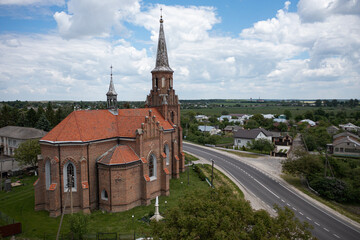 Obraz premium Neo-Gothic Catholic Church of the Sacred Heart of Jesus in Stoyaniv, Ukraine. Aerial view from drone