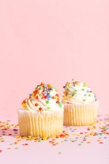 White cream cupcake with color sprinkles on rose