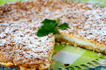 Homemade Yogurt pie from sprinkled dough with mint leaf on a tray
