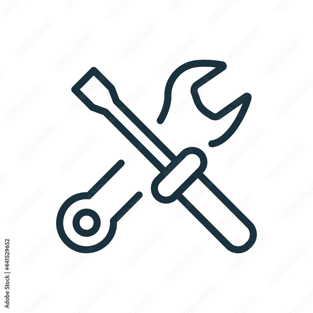 Poster toolkit linear icon. cross of wrench and screwdriver line pictogram. tool kit for repair. toolbox fo