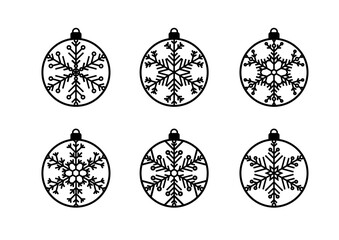 Vector illustration on 6 Christmas bauble designs with snowflakes isolated on white background. Christmas balls ornament for decoration, cards, cutting. Silhouette of Xmas decoration.