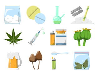 Set of drugs vector isolated. Concept of adiction and danger for health. Cocaine, tablet, syringe and marijuana. Narcotic collection. - obrazy, fototapety, plakaty