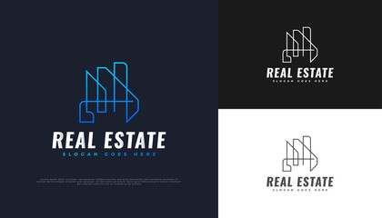 Abstract and Futuristic Real Estate Logo Design in Blue Gradient with Line Style