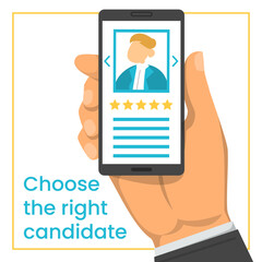 Hand holding smartphone with candidate CV in the screen vector isolated. Recruitment concept, searching for an employee online. Professional choice.