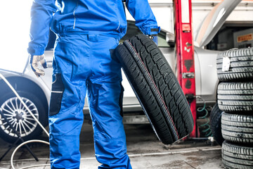 Man mechanic with car tire in service center.