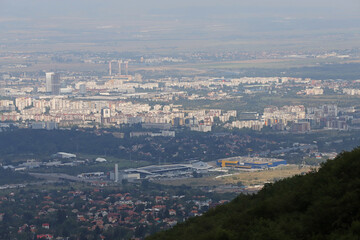 Fototapeta na wymiar Aerial view from above of Sofia suburbs, cityscape of Sofia the capital of Bulgaria. Industrial area
