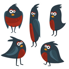 A flock of birds. Unusual and funny painted birds in a cartoon style. Cartoon. Stickers. Design of a postcard, banner, vector illustration in a book.