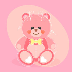 Cute pink teddy bear with bows, lines and hearts in flat style