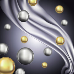 Abstract background for design. White draped fabric on a dark background with gold and silver balls.