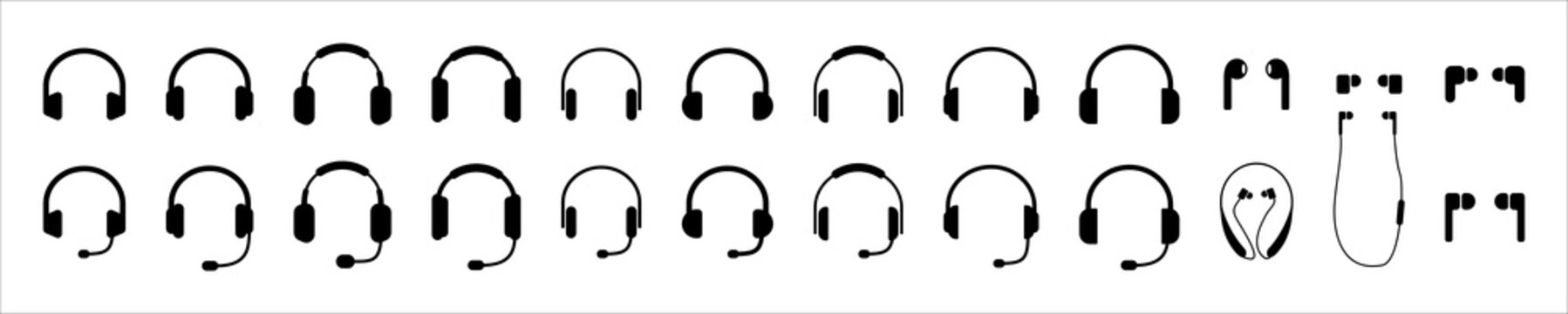 Headphones Icon Set. Earphone Headset With Mike. Headphone With Microphone Vector Illustration Isolated White Background