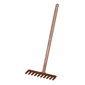 Rake for loosening the ground and collecting leaves. Garden tools, a symbol of autumn. Decorative element with an outline. Doodle, hand-drawn. Flat design. Color vector illustration. Isolated on white