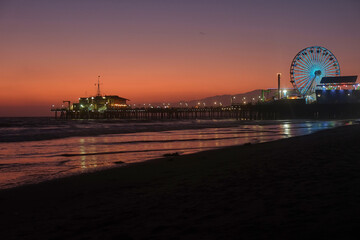 The Santa Monica Pier at sunset, Los Angeles, California.