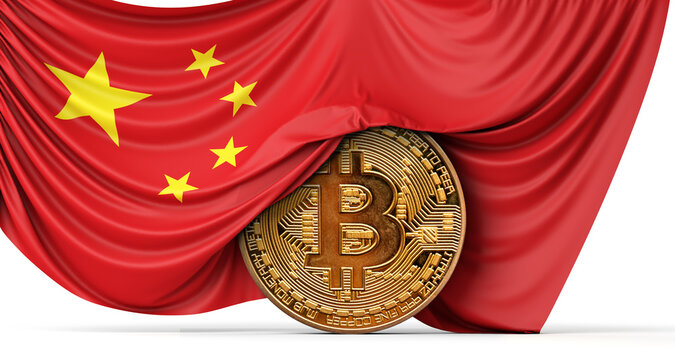 China flag draped over a bitcoin cryptocurrency coin. 3D Rendering