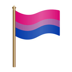 Bisexual pride flag. A tricolor fabric develops in the wind. Colored vector illustration. Isolated white background. Love theme. Flat style. Idea for educational literature, web design, sticker.