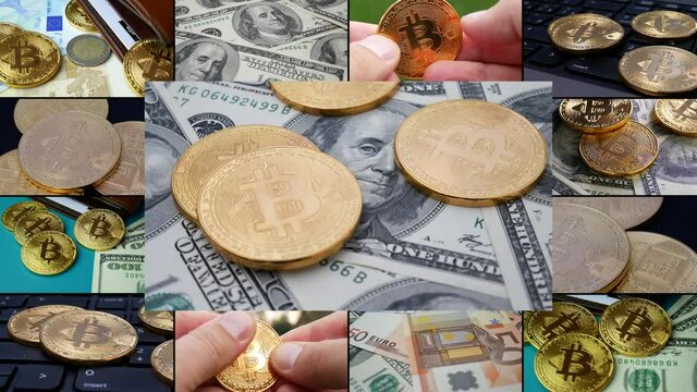 Split screen collage of e-commerce or stock exchange. Multiscreen montage composition of cryptocurrency BTC bitcoin coins. Video wall in digital cyberspace. Digital payment system. Split screen