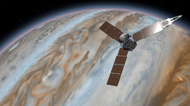 Juno is a NASA space probe orbiting the planet Jupiter. Jupiter Planet Rotating in the outer space. Traveling to planet Jupiter in space. Elements of this video furnished by NASA. 3d rendring - Powered by Adobe